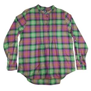 Lands' End Womens 16 Plaid Band Collar Popover Flannel Long Sleeve Shirt Casual